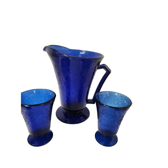 Vintage Cobalt Blue Glass Pitcher Set Florentine 2 Upper Deck 5 Piece Taiwan Emb - Picture 5 of 16